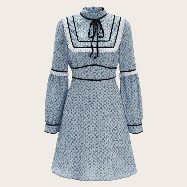 

80s Tie Neck Frill Yoke Ditsy Floral Dress