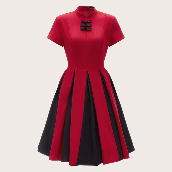 

40s Frog Button Flare Godet Dress