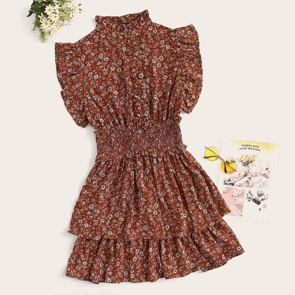 

Frill Trim Shirred Waist Tiered Ditsy Dress, Multicolor