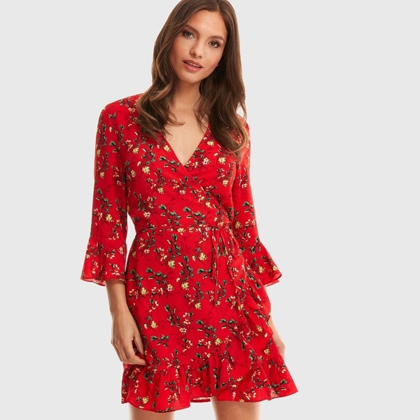 

Surplice Wrap Belted Ruffle Hem Plants Print Dress, Red bright