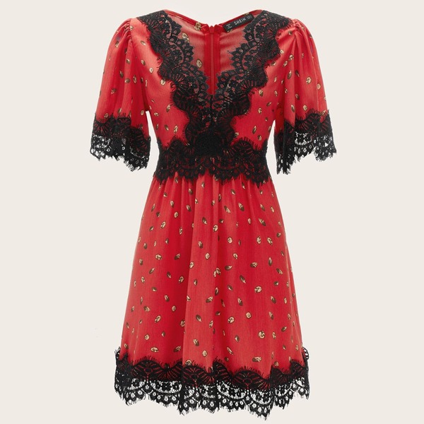 

Contrast Lace Trim Leaf Print Dress, Red