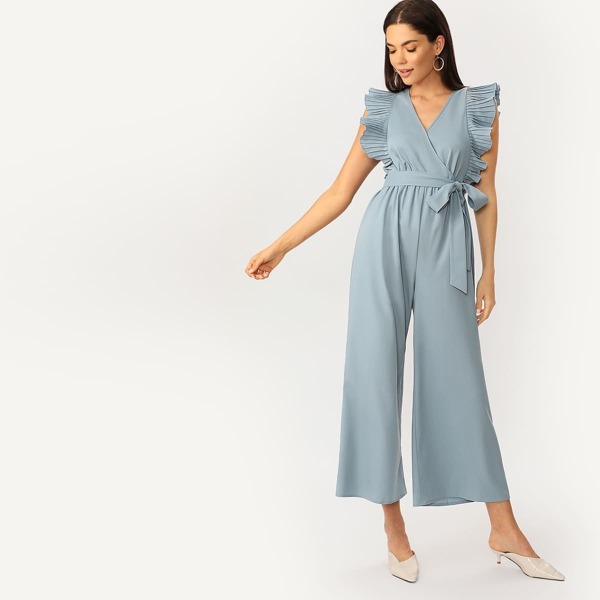 

Pleated Ruffle Trim Wrap Wide Leg Belted Jumpsuit, Blue