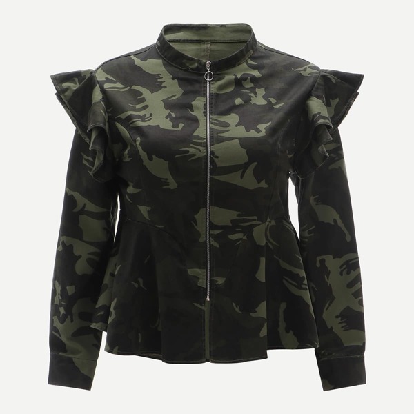 

Plus Layered Ruffle Trim Camo Jacket