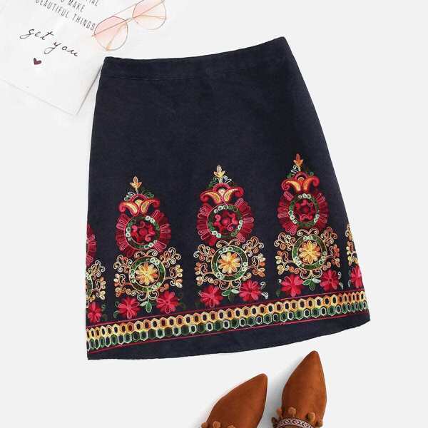

Plus Zipper Back Embroidered Corduroy Skirt
