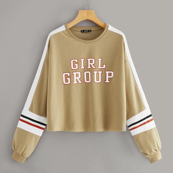 

Drop Shoulder Letter Stripe Pullover, Khaki