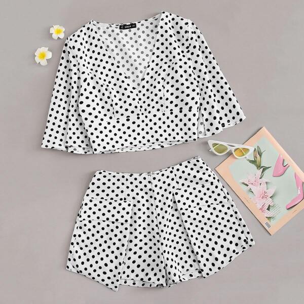 

Plunging Neck Wide Waist Top and Wrap Shorts Set