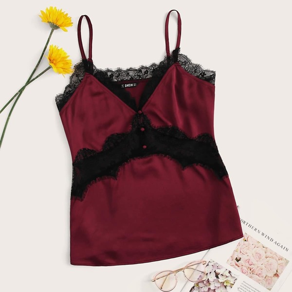 

Button Front Lace Insert Satin Cami Top