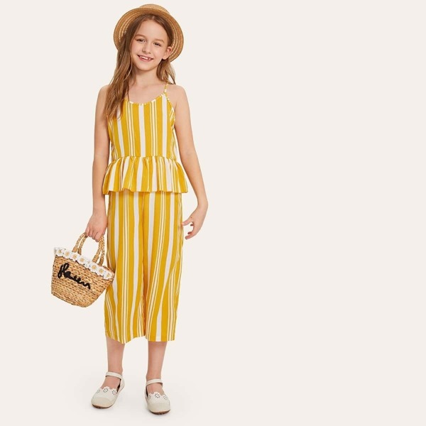 

Girls Zip Back Striped Peplum Cami Jumpsuit, Yellow