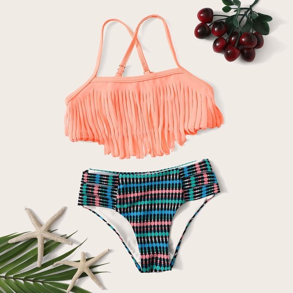 

Toddler Girls Fringe Top With Dot Print Bikini