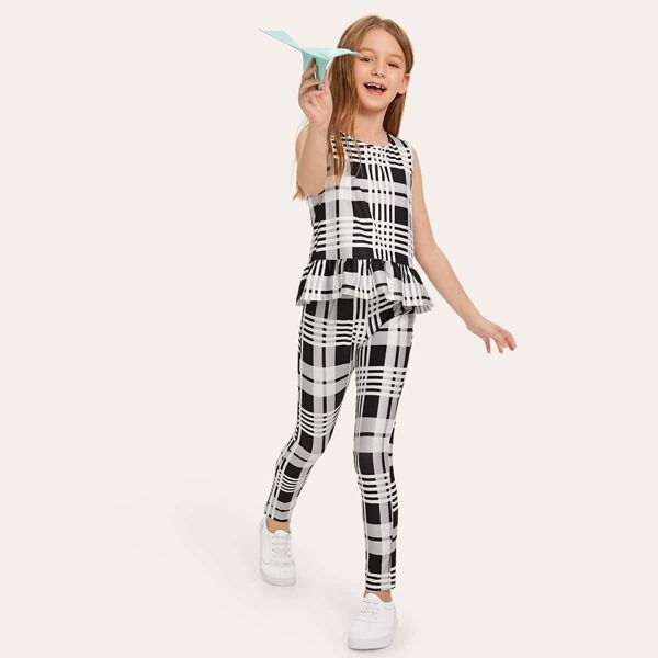 

Girls Ruffle Hem Plaid Top & Leggings Set