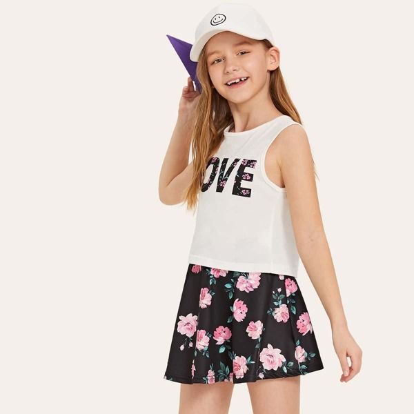 

Girls Letter Print Tank Top & Floral Skirt Set, Multicolor
