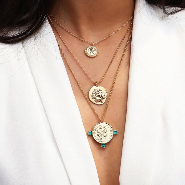 

Coin Pendant Layered Chain Necklace