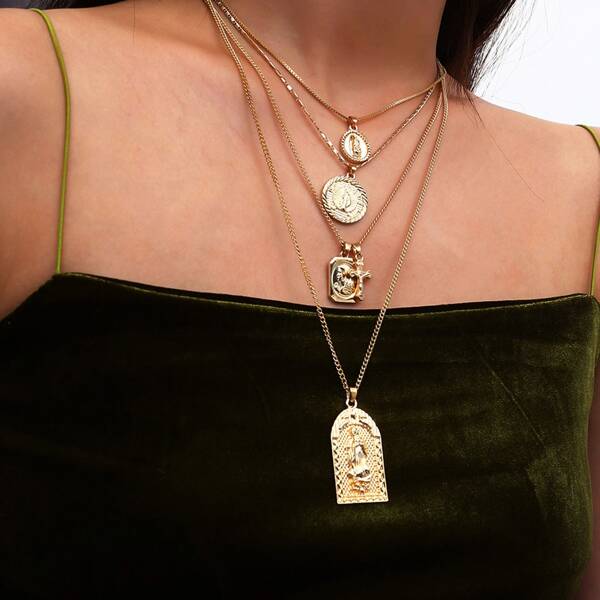 

Cross & Round Pendant Layered Chain Necklace, Gold