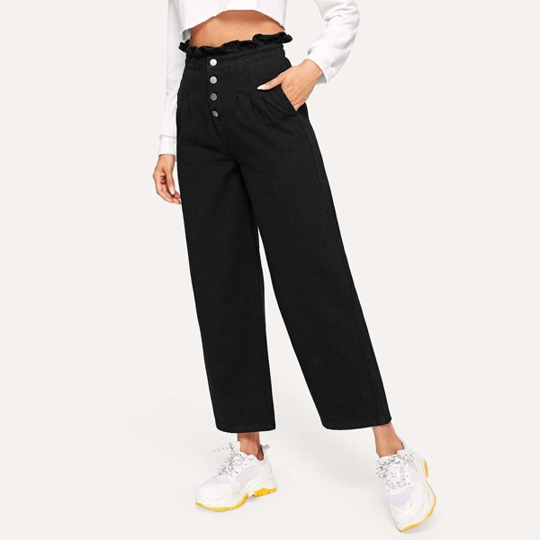 

Frill Waist Button Up Jeans, Black