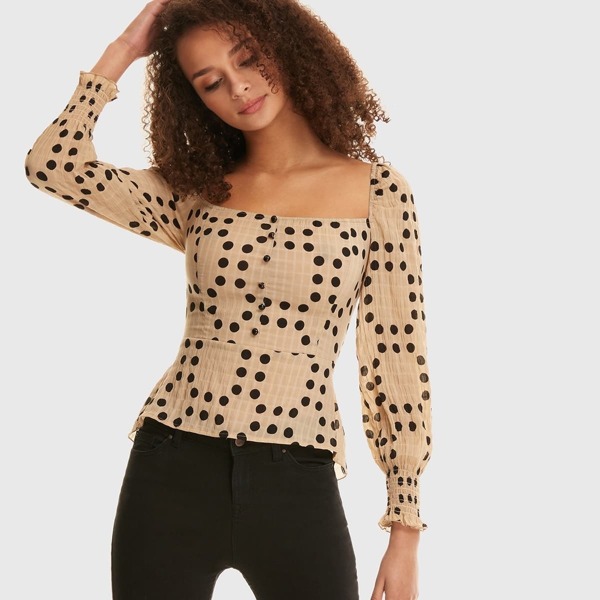 

Polka Dot Shirred Peplum Top, Khaki