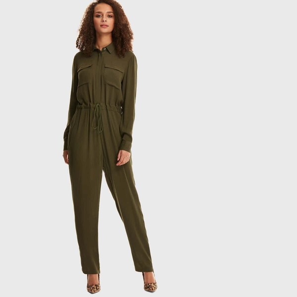 

Flap Pocket Drawstring Waist Jumpsuit, Army green