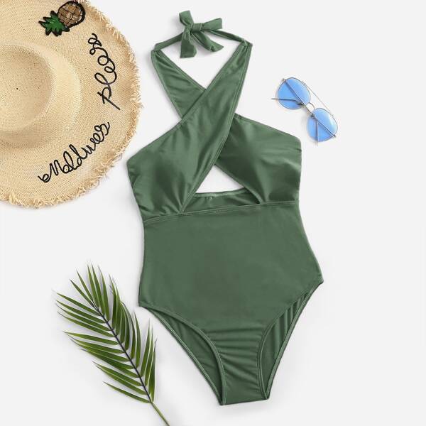 

Low Back Cross Halter One Piece Swimwear