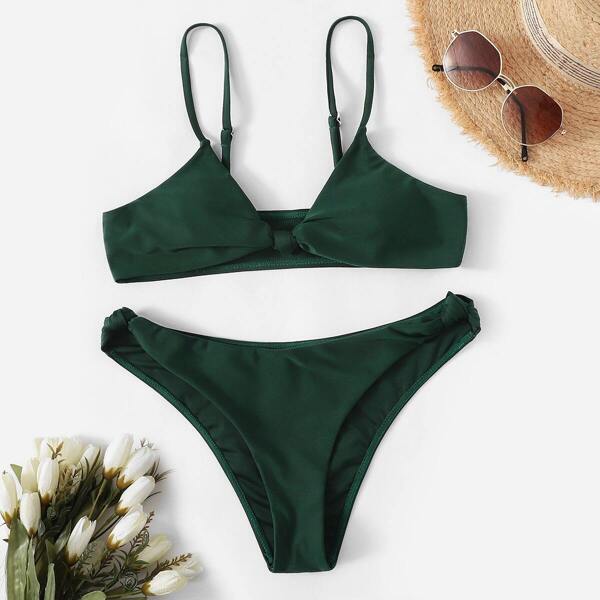 

Spaghetti Strap Top With Knot Bikini Set, Green