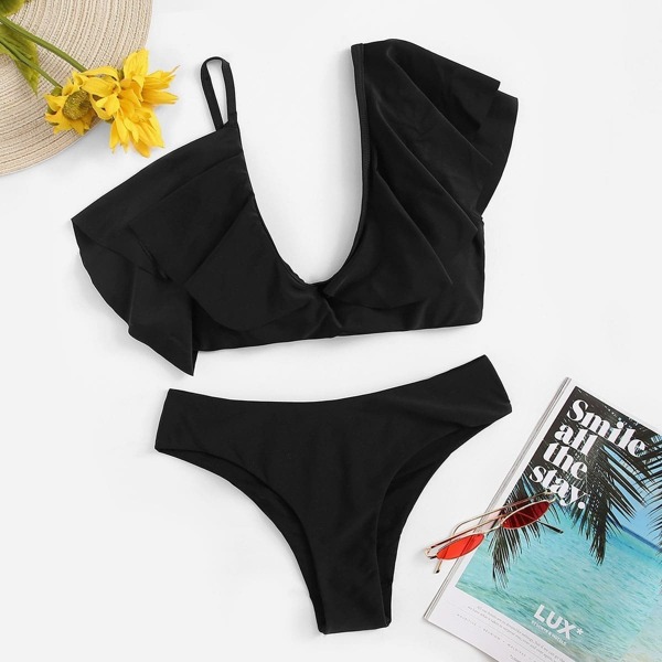

Ruffle Asymmetrical Top With Panty Bikini Set, Black