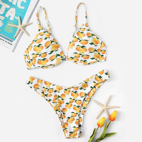 

Random Orange Underwired Top With High Cut Bikini, Multicolor