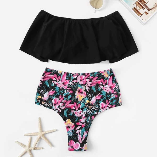 

Flounce Bardot Top With Random Floral Bikini Set
