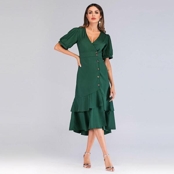 

Button Through Ruffle Hem Shirt Dress, Green