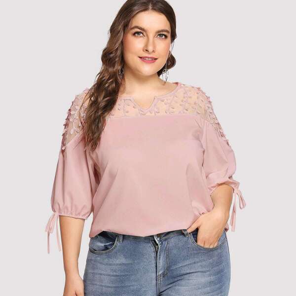 

Plus Contrast Mesh Knot Cuff Blouse, Pink
