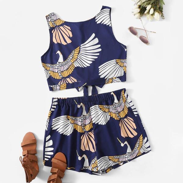 

Plus Bird Print Knot Back Top With Shorts