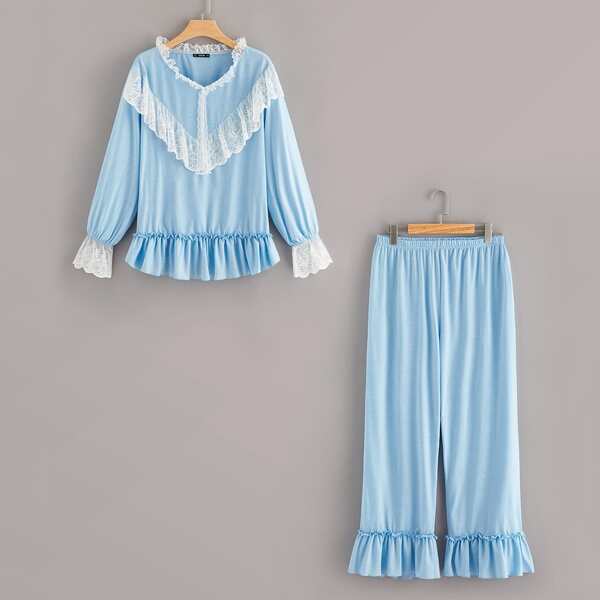 

Plus Lace Trim Ruffle Top & Pants Pj Set
