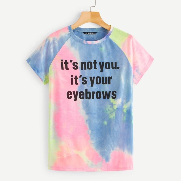 

Slogan Print Raglan Sleeve Tie Dye Tee