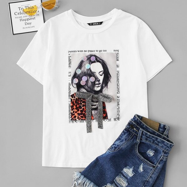 

Bow Front Sequin Detail Figure Print Tee