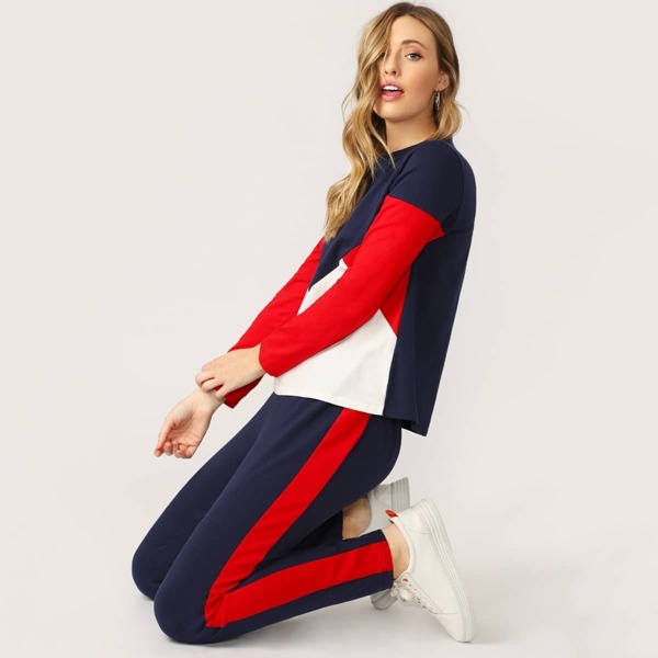 

Colorblock Pullover Top & Elastic Waist Pants Set, Multicolor