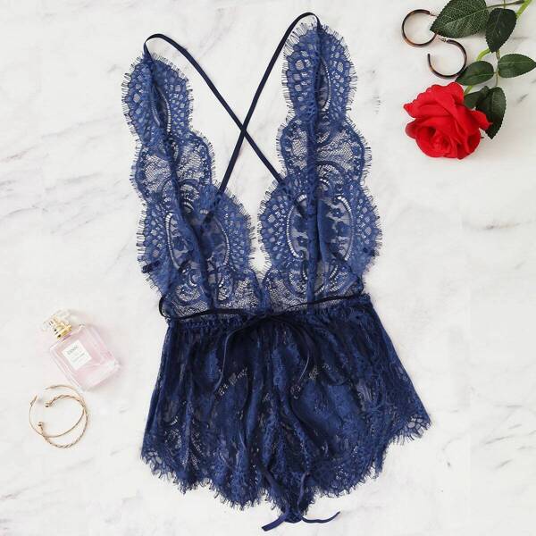 

Scalloped Trim Eyelash Lace Criss Cross Romper Bodysuit, Navy