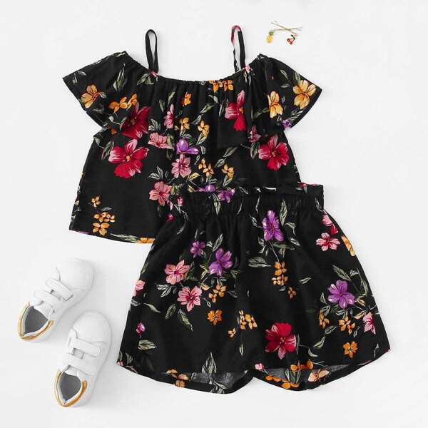 

Girls Cold Shoulder Floral Print Top & Shorts Set, Black