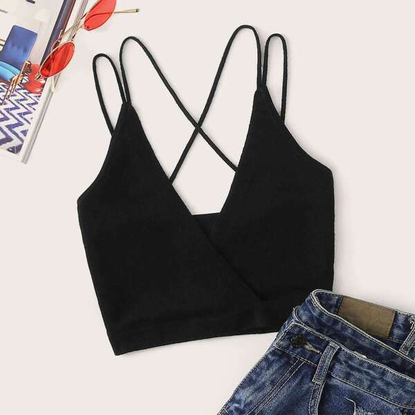 

Rib-knit Strappy Wrap Bralette Top