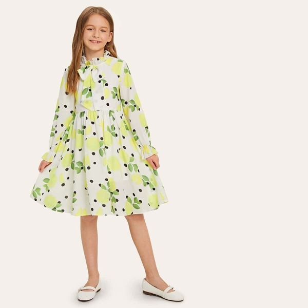 

Girls Frilled Neck Bow Front Floral Dress, Multicolor