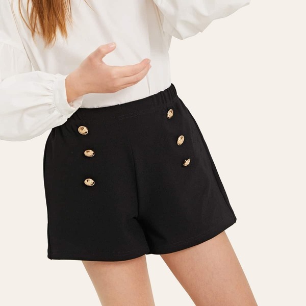 

Girls Double Breasted Pocket Patched Shorts