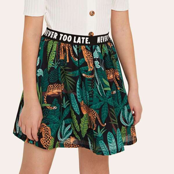 

Girls Letter Waist Leopard & Tropical Print Skirt