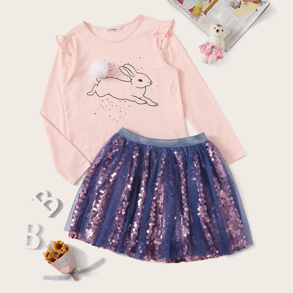 

Girls Pompom & Frill Detail Cartoon Top and Mesh Skirt Set