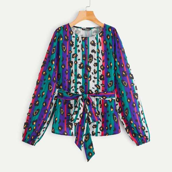 

Leopard & Stripe Print Curved Hem Blouse