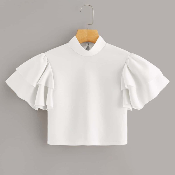 

Mock Neck Layered Flounce Sleeve Crop Top