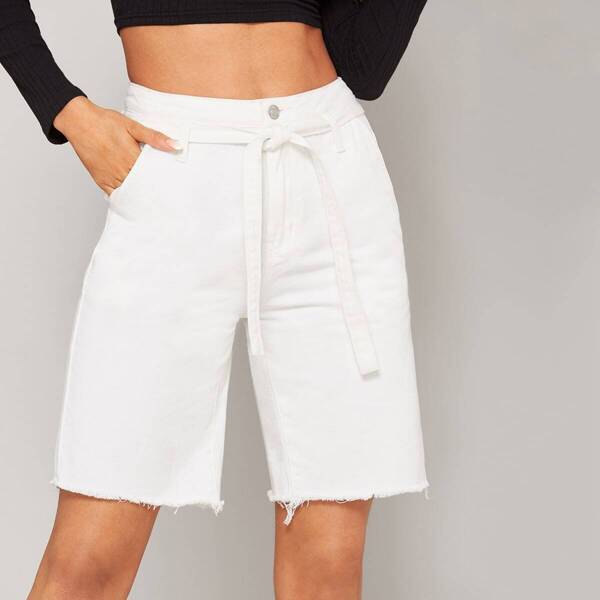 

Waist Belted Solid Denim Shorts, White