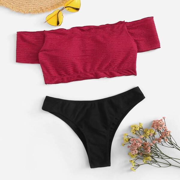 

Striped Lettuce Trim Short Sleeve Bardot Bikini Set
