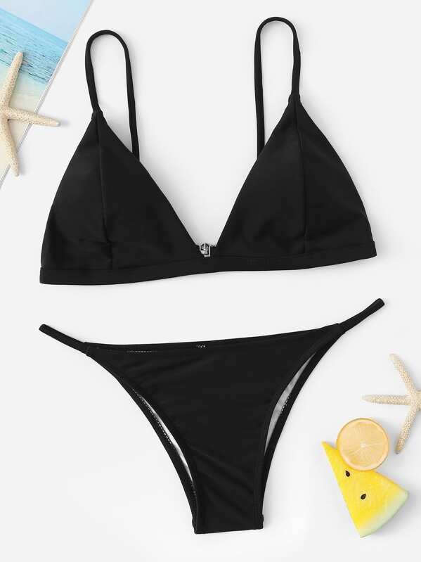 

Triangle Seam Top With Tanga Bikini Set, Black