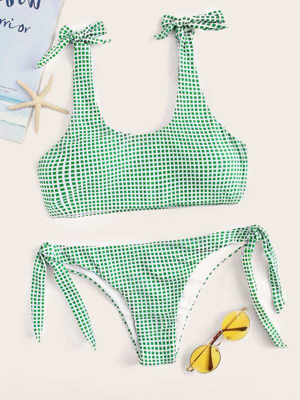 

Grid Tie Shoulder Top With Tie Side Bikini, Green