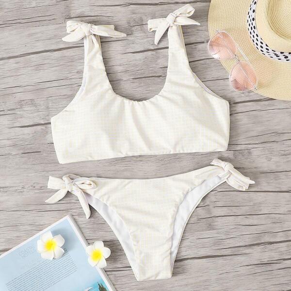 

Grid Tie Shoulder Top With Tie Side Bikini