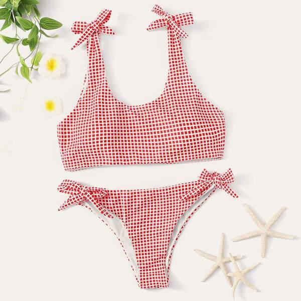

Grid Tie Shoulder Top With Tie Side Bikini