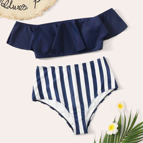 

Floaty Off Shoulder Top With Striped High Waist Bikini