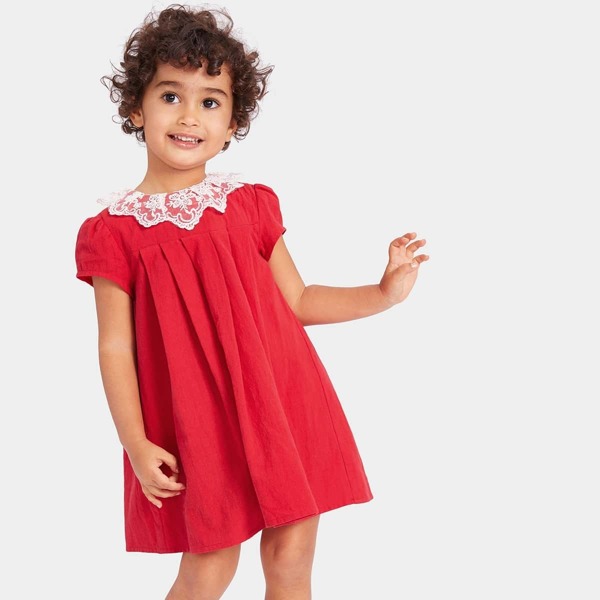 

Toddler Girls Embroidered Mesh Collar Pleated Dress
