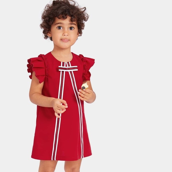 

Toddler Girls Contrast Tape Ruffle Dress, Red bright